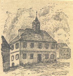 St. Vinař: Historická budova radnice vystavěná v Sezemicích v roce 1832, kresba, 1941