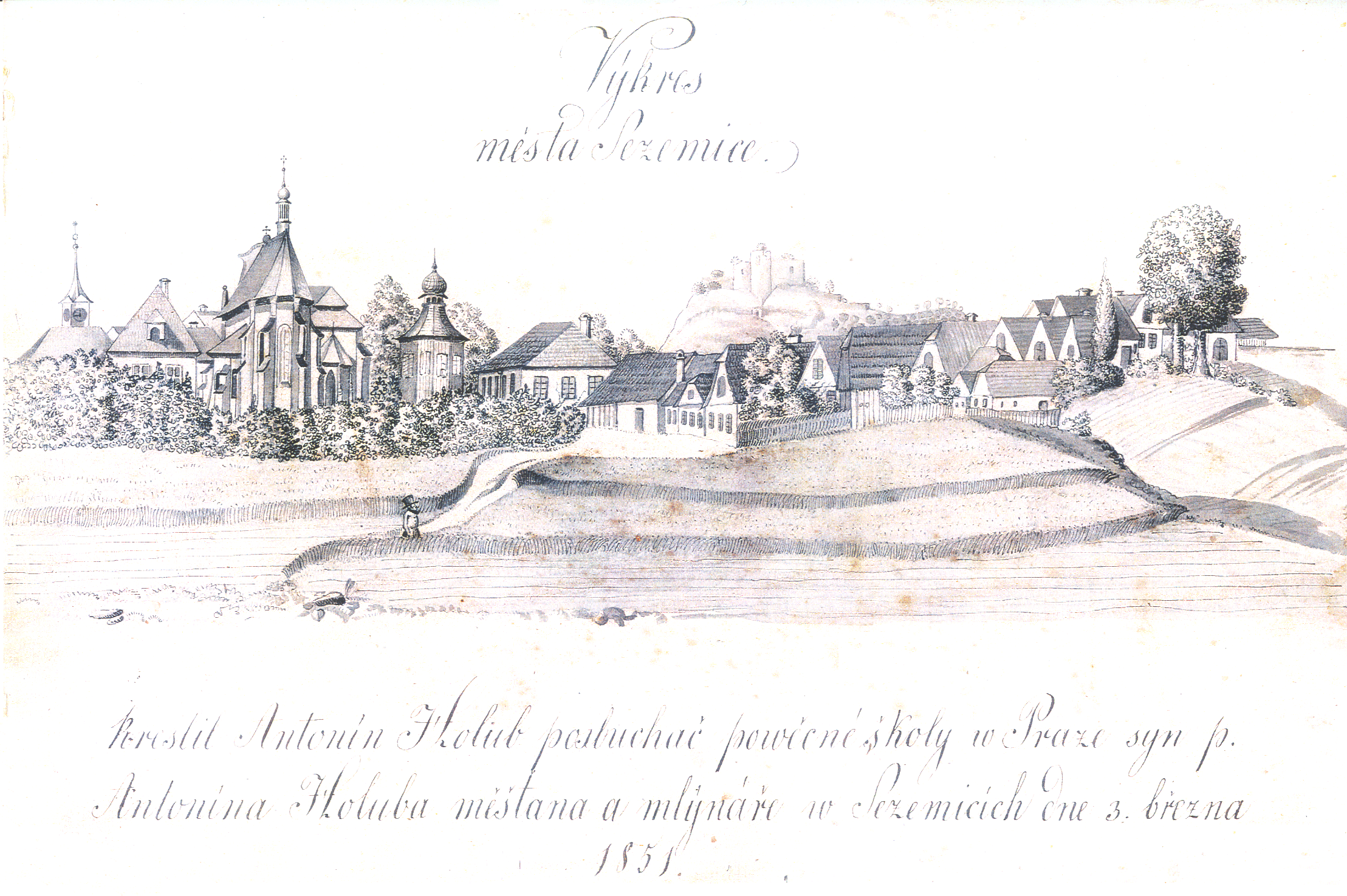 A. Holub (syn majitele mlýna a pily v Sezemicích): Pohled na Sezemice od Kladiny, 1851, kresba
